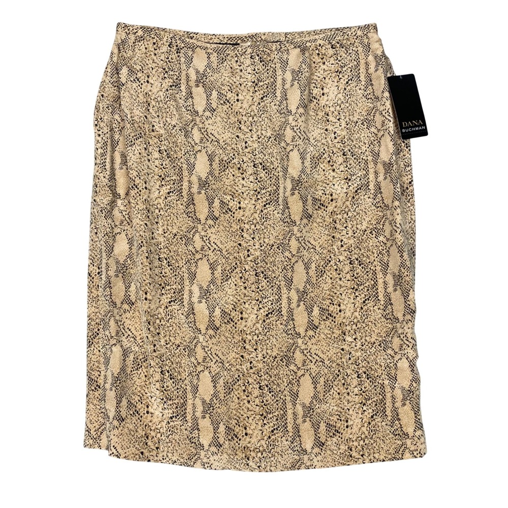 Dana Buchman Silk Snakeskin Animal Print Midi Pencil Skirt Women 12 Blonde Beige